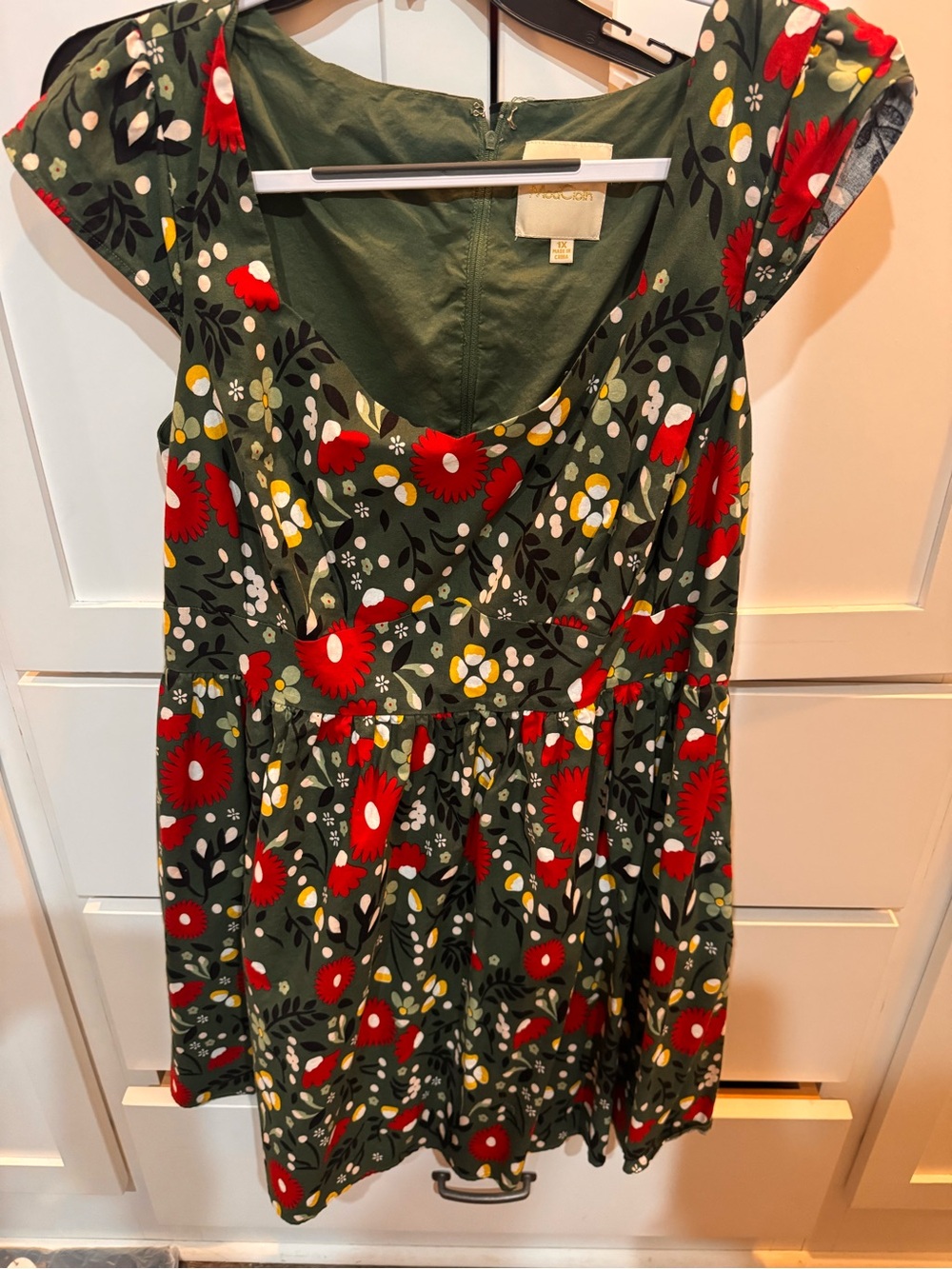 Modcloth Olive Green Floral Dress with Red and Yellow Accents